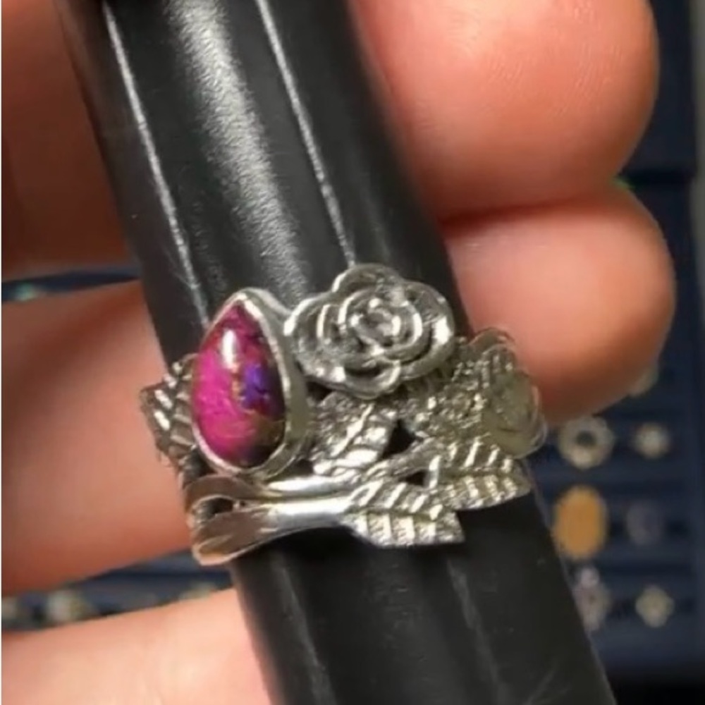 Silver Floral Ring with Pink Stone